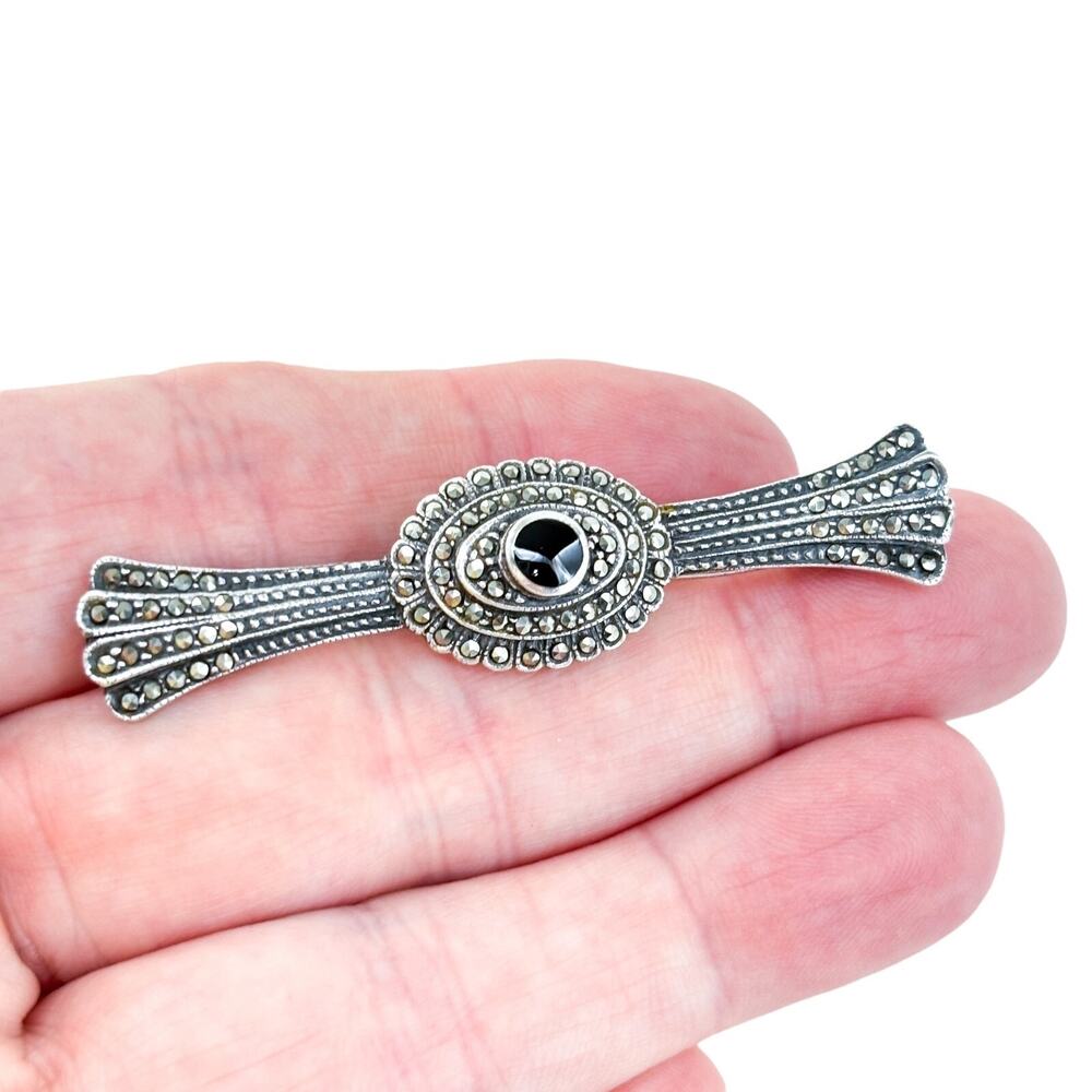 Vintage Sterling Silver 925 Onyx Marcasite Bow Brooch